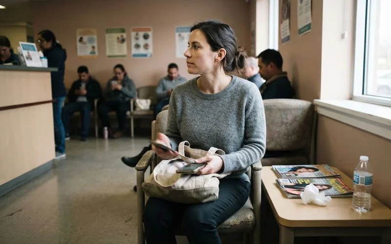 A family member sitting supportively beside a patient during a medical appointment, calm and attentive, warm natural lighting in a clinic setting