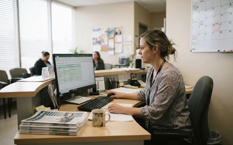 An editorial team member reviewing a spreadsheet of clinic data and monthly review sentiment summaries on a laptop screen