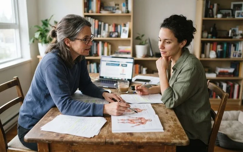 A patient consulting with a surgeon about combining tummy and breast procedures, reviewing options at a desk in a warm, welcoming clinic setting